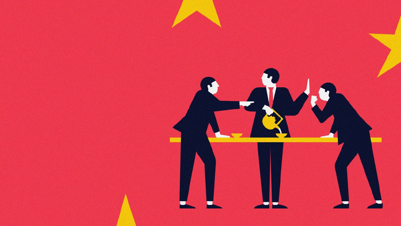 Zeichnung dreier Menschen in Anzügen, die bei einer Tasse Tee diskutieren. Im Hintergrund ist die Chinesische Flagge zu sehen.