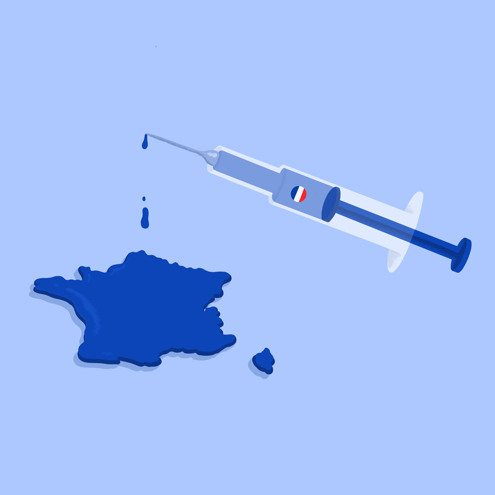 Ein dunkelblauer Umriss des Landes Frankreich und eine Spritze mit der französischen Flagge, aus der dunkelblaue Flüssigkeit auf den Umriss Frankreichs tropft.