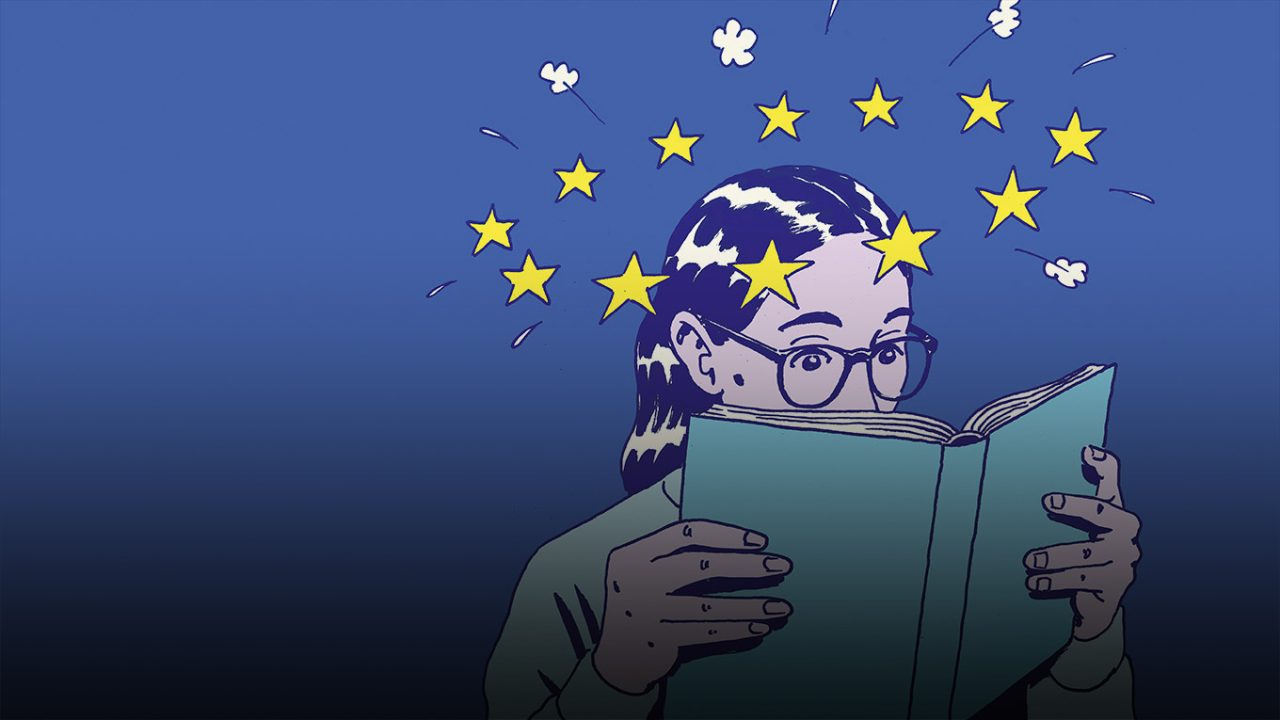 Europa (Frau mit Sternenkrone) liest ein Buch