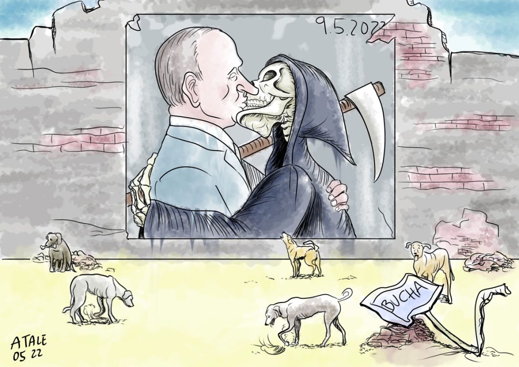 Putin im sozialistischen Bruderkuss mit dem Sensemann.